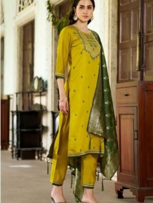 Women Embroidered Straight Kurta with Pants & Dupatta