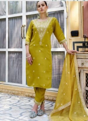 Women Embroidered Straight Kurta with Pants & Dupatta