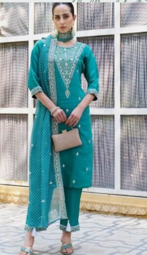 Women Embroidered Straight Kurta with Pants & Dupatta